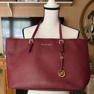 Michael Kors Burgundy Leather Tote Bag with Gold Accents